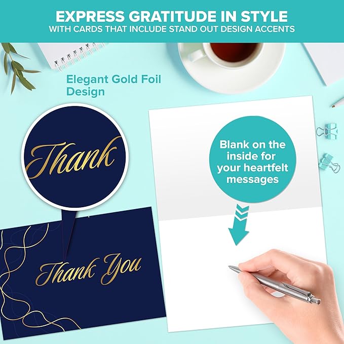 Decorably 24 Pack Gold-Foiled 6x4in Blue and Gold Thank You Cards with Envelopes and Stickers, 24 Stylish Designs Navy Thank You Cards, Blank Inside - Birthday, Wedding, Anniversary