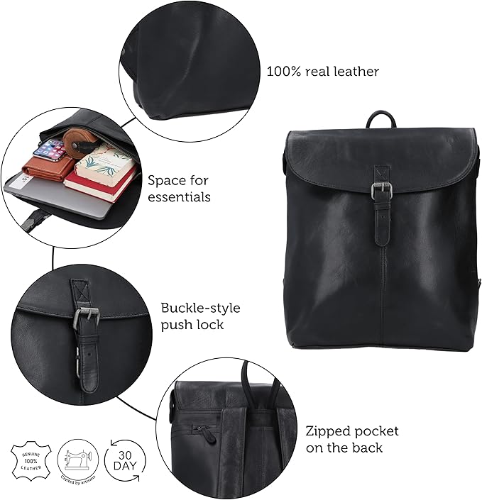 Gusti Leather Backpack for Men and Women - Kieran Leather Laptop Backpack, Genuine Goatskin Leather Bag, Spacious Interior with Snap Lock Closure, Black Leather Backpack for Women and Men, 11L