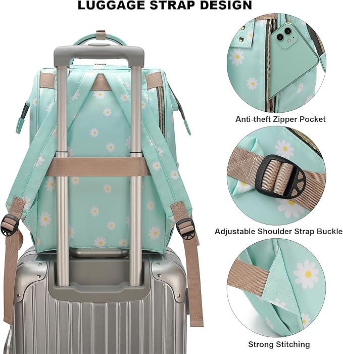 Flowers Laptop Backpack College School Backpack Bookbags Nurse Backpacks Travel Bags for Women Girls Fits 15.6 Inch Notebook (Daisy Green)