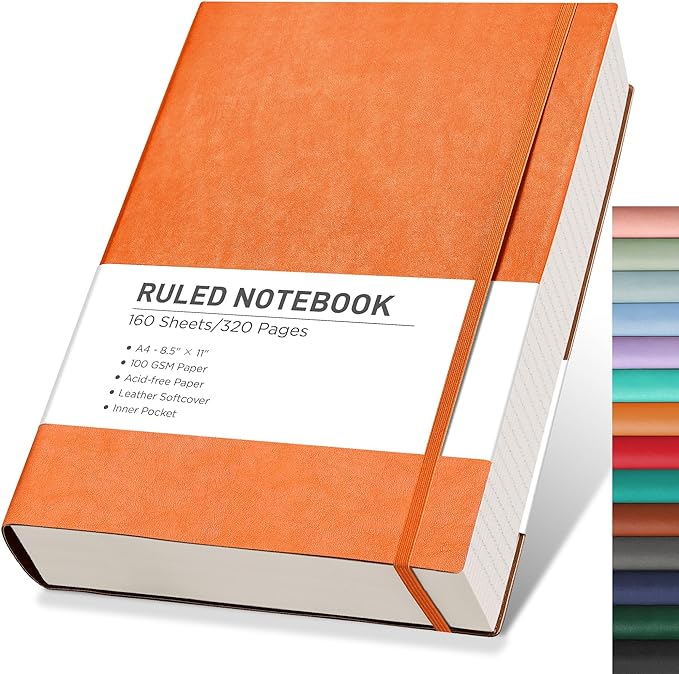 RETTACY Journaling Notebooks, A4 Lined Notebook Journal with 320 Pages, 8.5" × 11", Large Size, Notebook Journal for Work, School, Writing, Leather Softcover, 100 GSM Thick Paper (Orange)