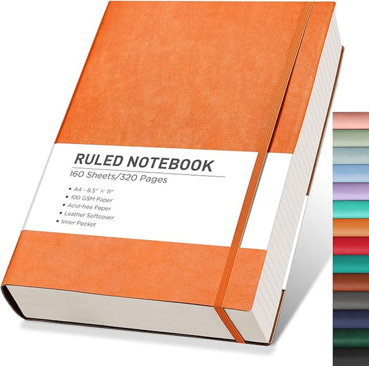 RETTACY Journaling Notebooks, A4 Lined Notebook Journal with 320 Pages, 8.5" × 11", Large Size, Notebook Journal for Work, School, Writing, Leather Softcover, 100 GSM Thick Paper (Orange)