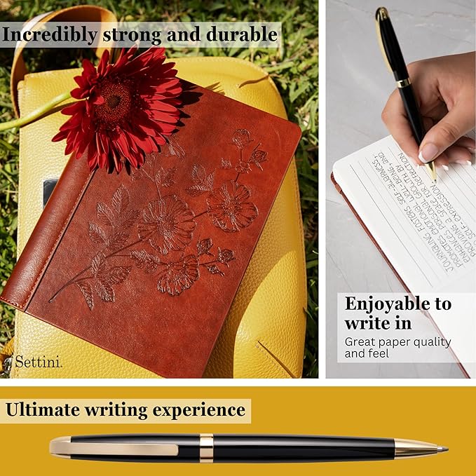 SETTINI® Lined Journal - Flower Journal for Writing Gift Set - Hardcover Vegan Leather, Includes Luxury Pen in a Unique Pen Holder, 192 Pages, 6 x 8.5 inches, Birthday Gifts for Women
