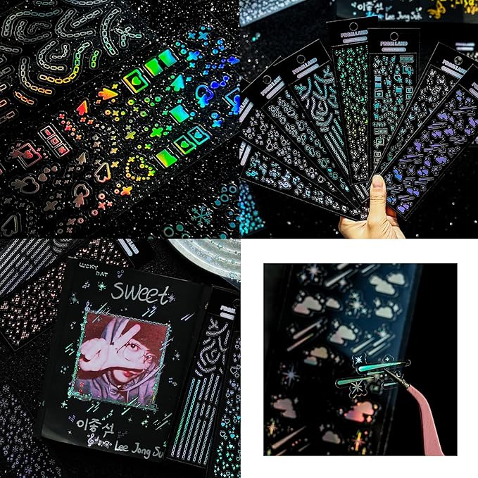 25 Sheets Laser Flashing Deco Stickers Set, Decor Kpop Stickers. for Photocards, Headphones, Water Bottle, Phones, laptops, Planner, Diary Decoration Anything You Like