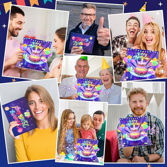 Birthday Cards, Musical Pop Up Birthday Cards with Light, Blow Out LED Light Candle and Play Happy Birthday Music Pop Up Card, Birthday Gifts for Women Men Husband Wife Kids Greeting Cards