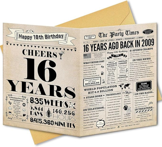 16th Birthday Card, 16th Birthday Decorations for Girls Boys, 16th Birthday Gifts for Son Daughter, Back in 2009 Birthday Card