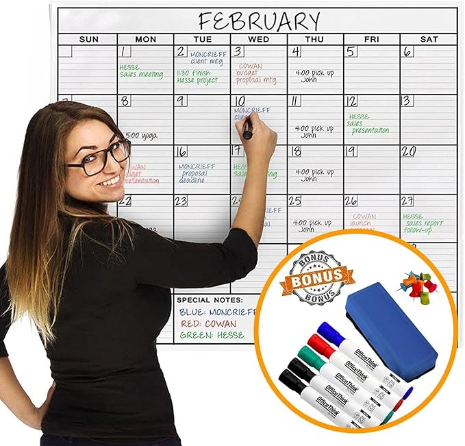 Jumbo Dry Erase Laminated Wall Calendar, Huge 36 Inch by 48 Inch Size, Monthly Planner for Home Office Classroom, Large Date Boxes, Reusable PET Film, Never Folded, 5 Markers, 8 Tacks, 1 Eraser white