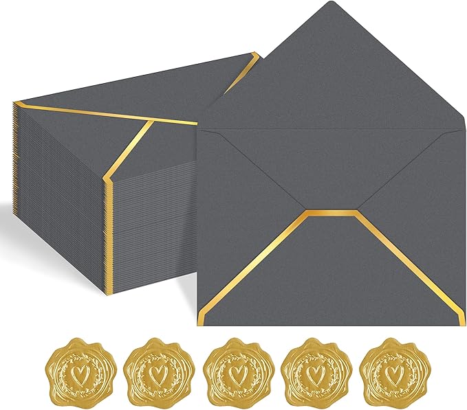 60 Pack Gold Envelopes 5x7 Silver Gray, 250G Pearled Cardstock A7 Envelopes for Invitations Business Mailing Envelope with Gold Foil Border, A6 4x6 Envelopes for Wedding Baby Shower Cards
