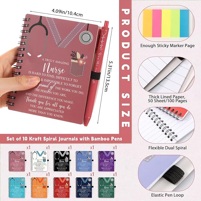 Jetec 10 Sets 2025 Nurse Appreciation Gift Thank You Gifts for Medical Nursing Assistants Inspirational Spiral Notebook Journal with Sticky Note Notepad Ballpoint Pen Bulk for Nurse Coworker Doctor