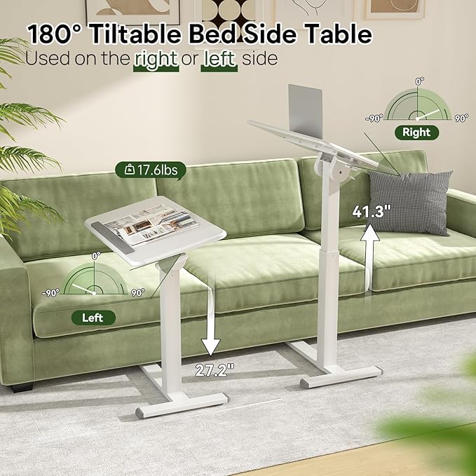 Rolling Laptop Desk, 180° Tiltable Mobile Standing Desk Height Adjustable, Overbed Bedside Table, Portable Computer Desk with Wheels, Foldable Laptop Cart for Home Office, White