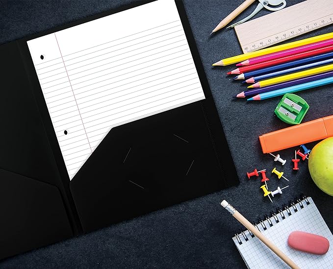 Better Office Products Heavyweight Plastic 2 Pocket Portfolio Folder, Letter Size Poly Folders 24 Pack (Black)
