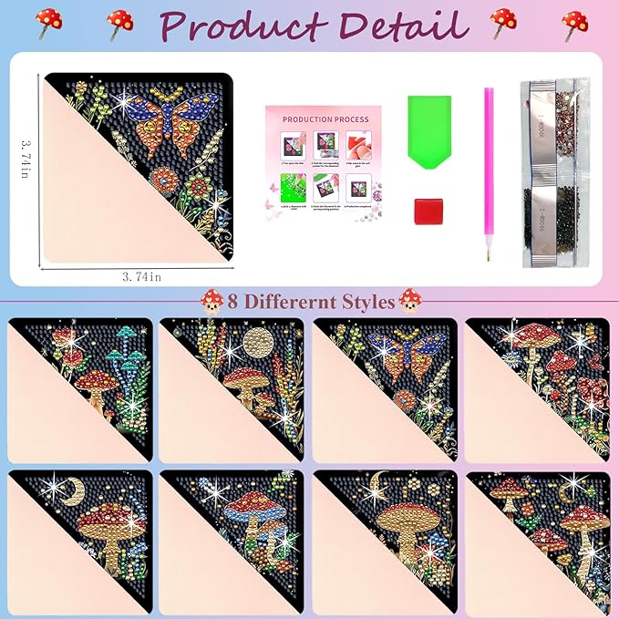 Diamond Art Painting Bookmarks,8Pcs DIY Cute Diamond Art Kits for Adults, Corner Bookmarks Small Crafts Kit for Women Book Lovers (Mushroom)