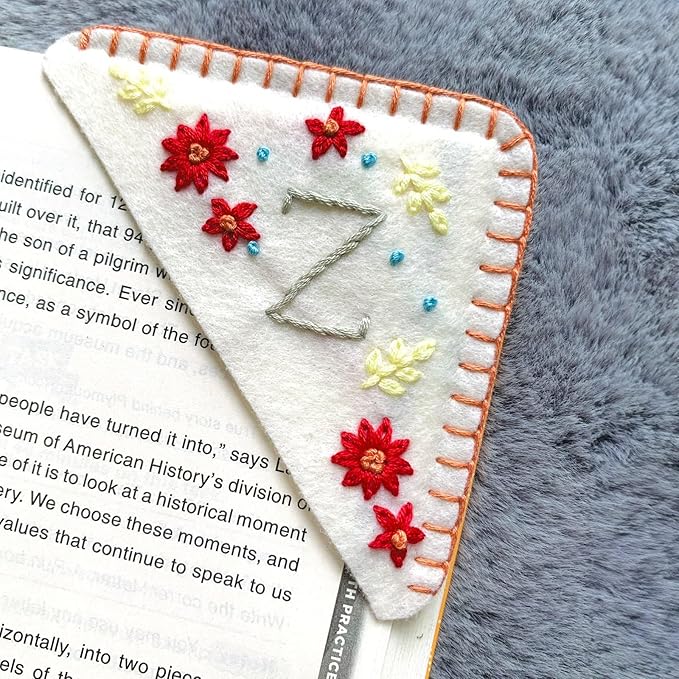 Personalized Hand Embroidered Corner Bookmark, Bookmarks for Women, Personalized Bookmark for Books, Cute Flower Book Mark, Hand Stitch Gift for Women for Book Lovers by HNQCPCVU (Z, White)