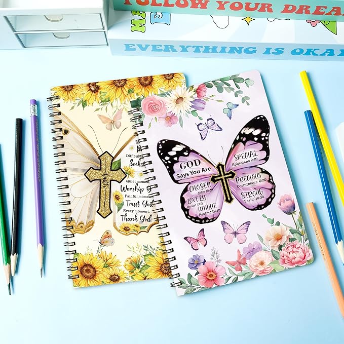 2Pack A5 Floral Cross Butterfly Religious Spiral Notebooks - God Says You Are Bible Verse Ruled Hardbound Journal Writing Hardcover Notebooks Christian Christmas Gift Sunday School Supplies