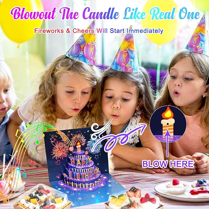 Fireworks Birthday Cards, 3D Pop Up Blowable Cake Greeting Cards with Lights Music, Happy Birthday Gifts for Women Men Kids Mom Dad Grandma