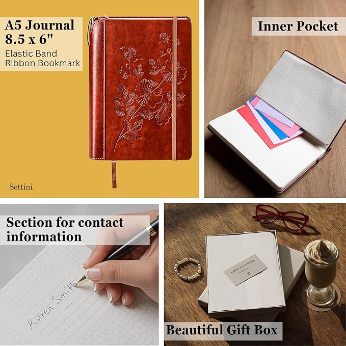 SETTINI® Lined Journal - Flower Journal for Writing Gift Set - Hardcover Vegan Leather, Includes Luxury Pen in a Unique Pen Holder, 192 Pages, 6 x 8.5 inches, Birthday Gifts for Women