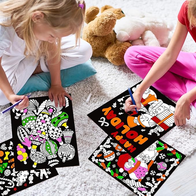 Zhanmai 48 Pcs Christmas Velvet Coloring Posters for Kids - Felt & Fuzzy Coloring Sheets DIY Craft Project
