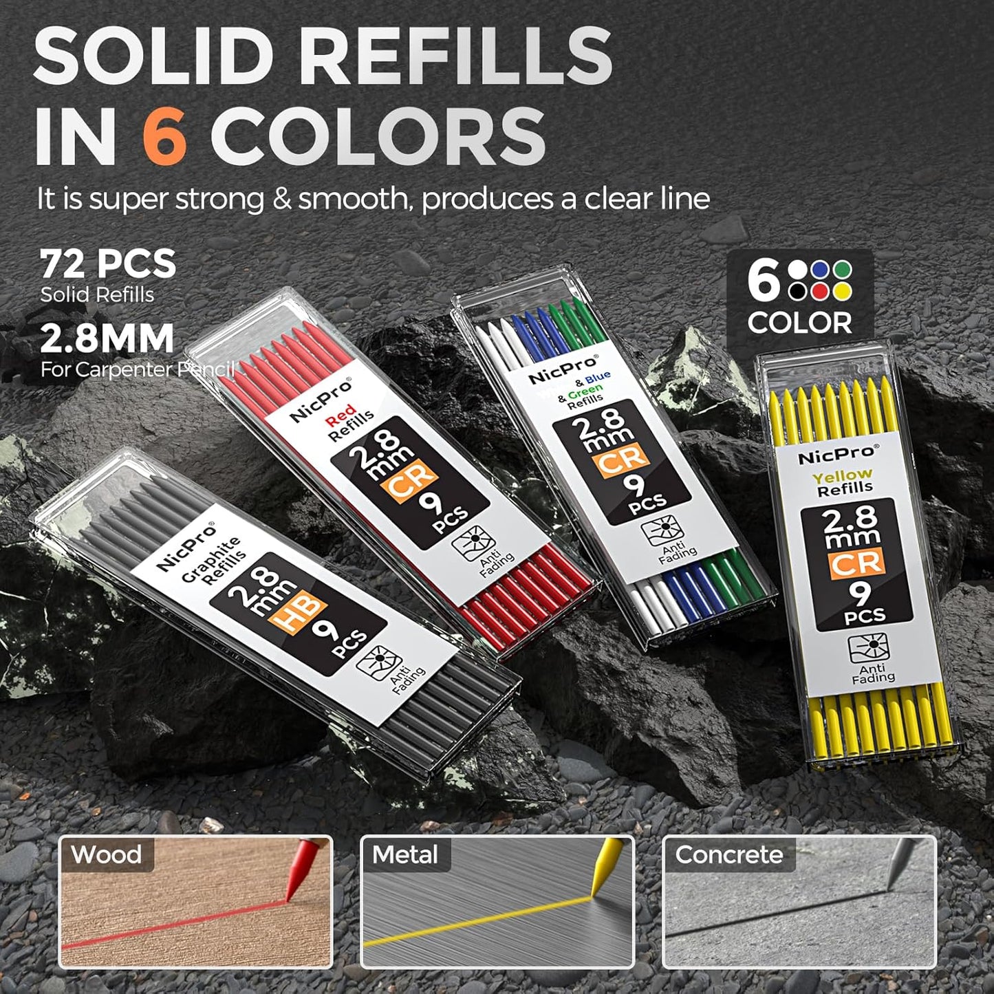 Nicpro 6 Pack CP3000 Carpenter Pencil with Sharpener, Mechanical Pencils Set with 78 Refill, Heavy Duty Construction Pencil, Carpenter Tools for Architect Marking (Red,Black,Yellow,Orange,Green,Blue)