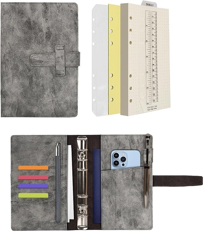 Wonderpool Leather Journal Refillable Binder A6 Writing Notebook Folder Organiser with Dotted Paper & Multi Pockets Cover for Business School Travel (A6, Grey)