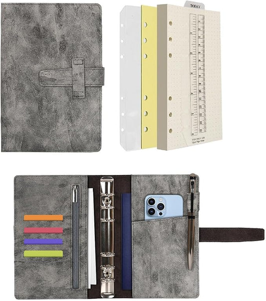 Wonderpool Leather Journal Refillable Binder A6 Writing Notebook Folder Organiser with Dotted Paper & Multi Pockets Cover for Business School Travel (A6, Grey)