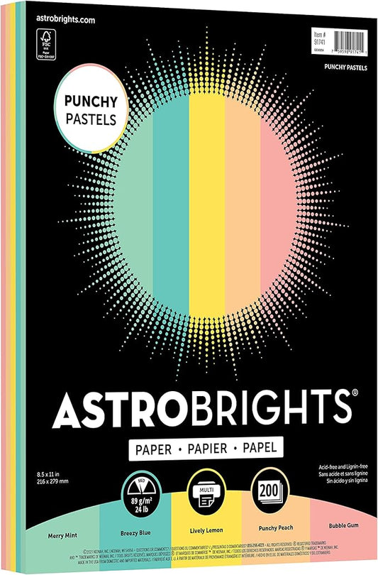 Astrobrights Punchy Pastel Paper Assortment, 8.5" x 11", 24 lb., 5-Color Assortment, 200 Sheets (91741)