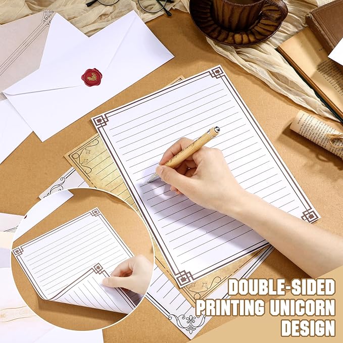 TaoBary 160 Packs Stationery Paper Set (50 Double Sided Stationery Writing Papers 50 Matching Envelopes) 60 Round Dot Sticker, 10 Design(Retro,8.5 x 11 Inch)