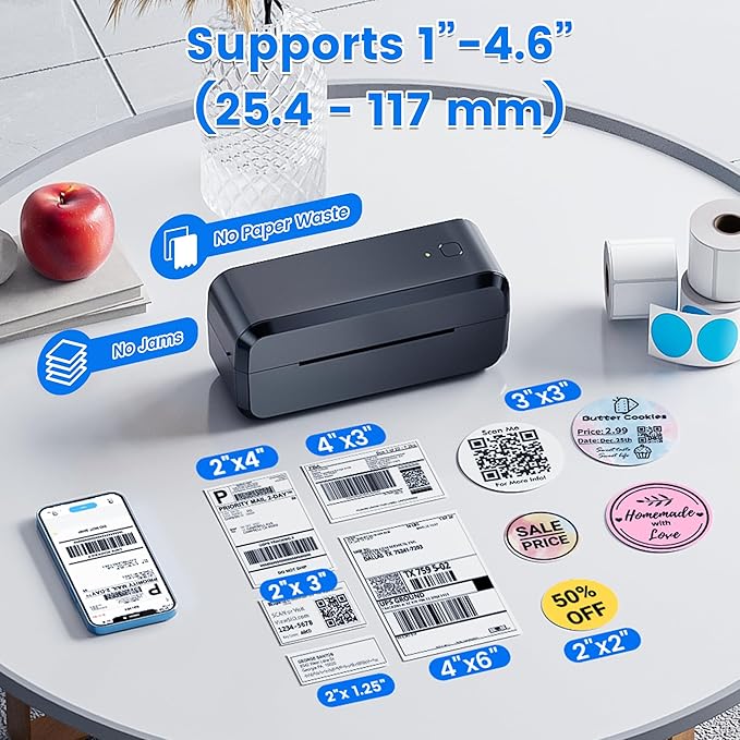 Bluetooth Thermal Shipping Label Printer, Wireless 4x6 Label Printer for Shipping Packages & Small Business, Compatible with Android, IOS, Windows and Mac, Widely Used for Ebay, Amazon, Shopify, Etsy
