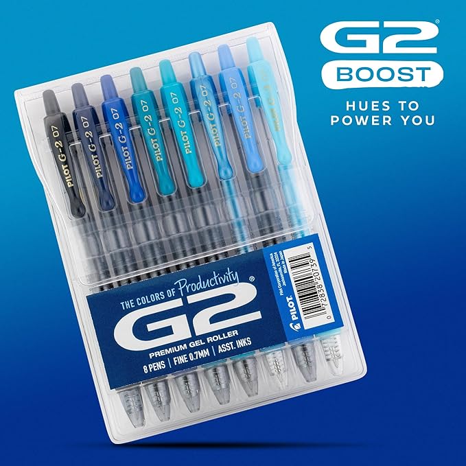 PILOT, G2 Premium Gel Roller Pens, G2 Boost Blues Pack, The Colors of Productivity, 8 Pack Pouch, Fine Point 0.7 mm, Assorted