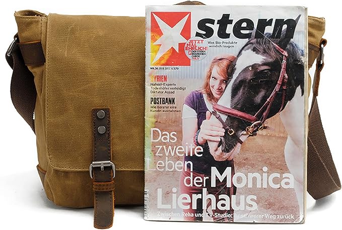 HuaChen Mens Waxed Canvas Messenger Bag Shoulder Satchel Leather Crossbody Bag for Laptop (M49_Khaki)