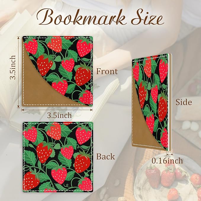 Strawberry Corner Bookmarks, Cute Leather Book Accessories for Book Lovers, 3 Pcs Reading Book Page Markers for Women Men Student Teacher Girls Boys Kids Retirement Birthday Gifts