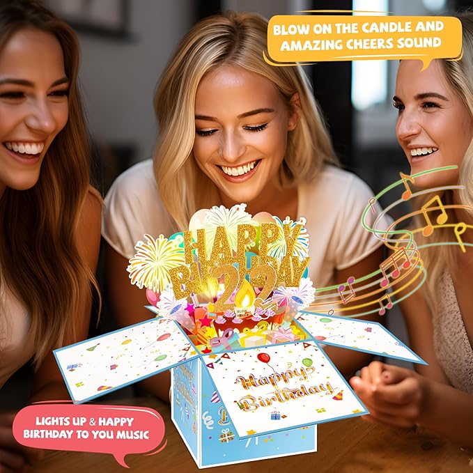 Tnvee 22TH Birthday Cards with Lights & Music & Candle, 3D Pop Up Singing Happy Birthday Greeting Cards Gfits for 22 Years Old Girl Boy Friends