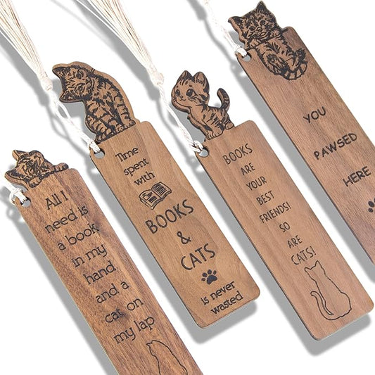 Cat Bookmark – Set of 4 Wooden Bookmarks with Tassels, Made from Walnut Wood,Funny Bookmark Gift for Men and Women, Novelty Gag Bookmark for Book Lovers,Christmas Stocking Stuffer
