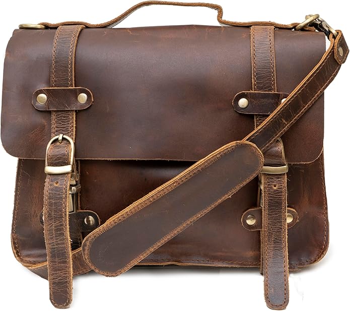 Rustic Vintage Buffalo Leather Laptop Messenger Briefcase Satchel Bag for Men 11 Inch, Brown