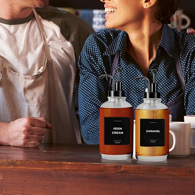 Coffee Syrup Labels for Bottles, Syrup Dispensers - 2.5" x 2.5" Waterproof & Durable PVC Stickers - Modern Coffee Bar Essentials for Home, Kitchen, Beverage Station - Minimalist Black, 22pcs