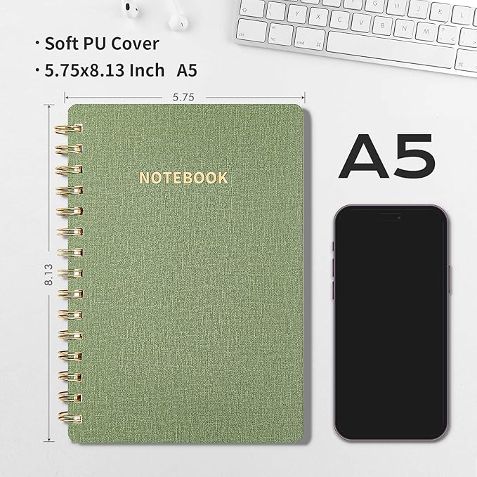 Lined Spiral Notebook College Ruled A5 Journal Book for Note Taking, 160 Pages Writing Journal for Office and Home School Supplies 5.75x8.125 inch - ArmyGreen