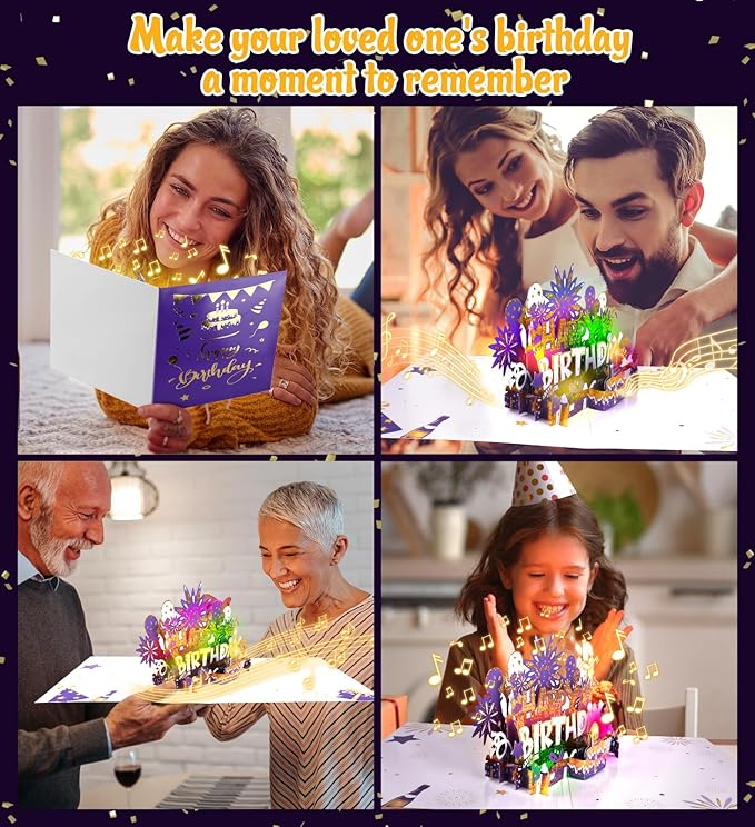 Birthday Card | Musical Pop Up Greeting Card w Light | Blow Out LED Light Candle & Play Happy Birthday Music Pop Up Card | Greeting Cards Gifts for Him or Her | Purple Gold (Blowable Candle)