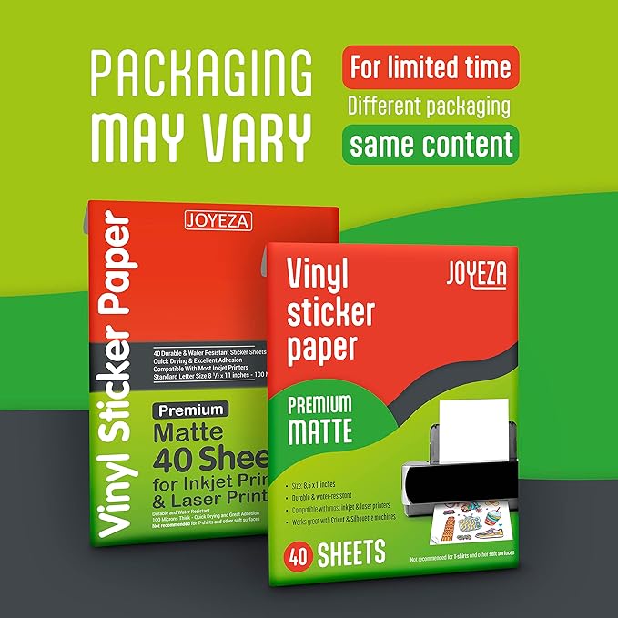 JOYEZA Premium Printable Vinyl Sticker Paper for Inkjet Printer - 40 Sheets Matte White Waterproof, Dries Quickly Vivid Colors, Holds Ink Well- Tear Resistant - Inkjet & Laser Printer