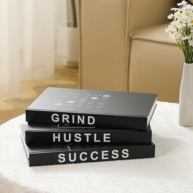 Hardcover Grind Hustle Success Book Decor for Men & Women, Decorative books for Home Decor, Office Decor for Men and Desk Decor for Men, Motivational gift with Black Cover and Blank Pages