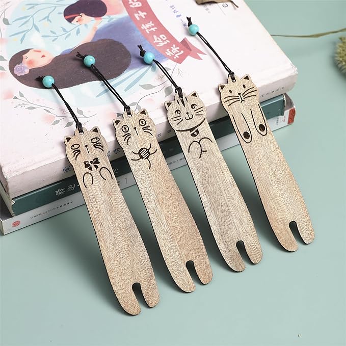 Wood Cat Bookmarks - Set of 4 Cute Bookmarks Aesthetic, Wooden Bookmarks Anime Cat Bookmark for Women Girl Kids, Kawaii Bookmark for Book Lover Cat Lover Friends Best Gifts (Nanmu)