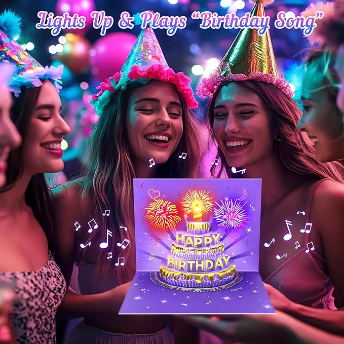 Birthday Cards Birthday Gifts for Women Fireworks Pop Up Cake Light and Music Happy Birthday Card Purple Gold