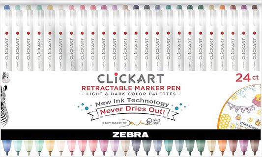 Zebra Pen ClickArt Retractable Marker Pen, Fine Point, 0.6mm, Assorted Light & Dark Ink Colors, 24-Pack, 69824