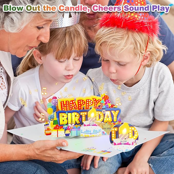 Birthday Cards Light 3D Pop Up Music, Blowable LED Candle Cake Gifts Greeting Cards for Women Men Kids Mom