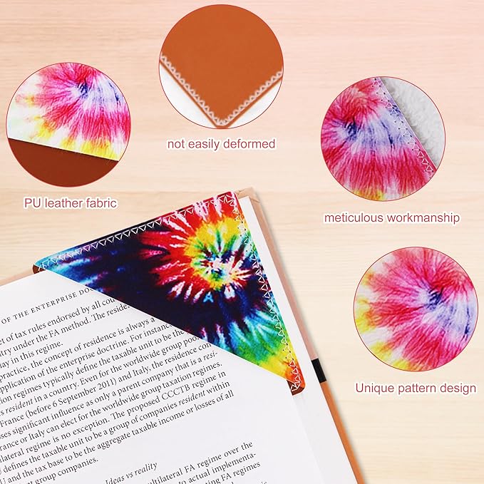 4 Pieces Leather Bookmarks, Cute Book Accessories for Reading Lovers, Page Markers for Women Men Kids Students Teachers Retirement Birthday Gift (Tie-Dye Print)