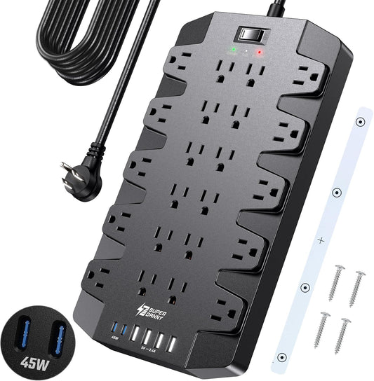 SUPERDANNY Power Strip Surge Protector with 15ft Extension Cord - 22 Outlets, 6 USB Ports, 45W Fast Charging - 1875W/15A, 2100J, 45°Plug, Mountable - Ideal for Home, Office, Gaming, PC, Streaming