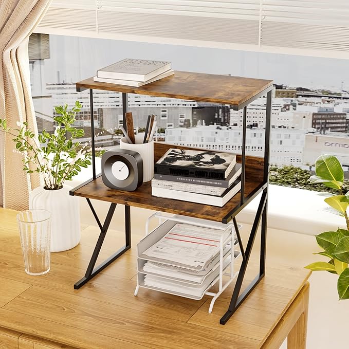 Printer StandAboxoo Printer Stand for Desk, Desktop Printer Shelf Large Printer Stands 3 Tiers Multi-Purpose Desk Office Organization Shelves for Home Office Printer Fax Book, Rustic Brown