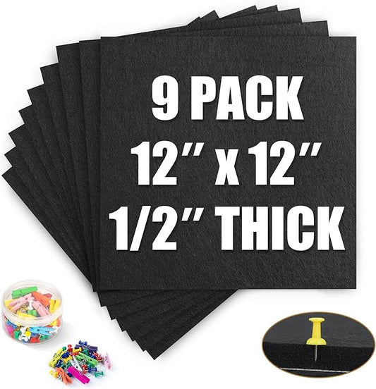 AKTOP Black Cork Bulletin Board 12x12, 1/2" Thick Felt Cork Board Tiles 9 Pack, Small Square Pin Board for Wall, Self Adhesive Corkboards with 120 Push Pin Wood Clips for School, Home & Office
