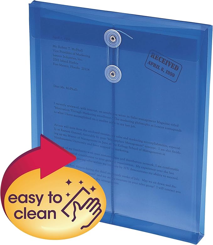 Smead Poly Envelope, 1-1/4" Expansion, String-Tie Closure, Top Load, Letter Size, Blue, 5 per Pack (89542)