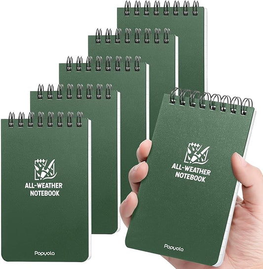 POPYOLA 6 Pack Waterproof Pocket Notebook, 3x5 Pocket Notepad, All Weather Mini Spiral Notepad, Write in the Rain Police Notepad with 100 Squared Pages for Outdoor Home Office School, Green