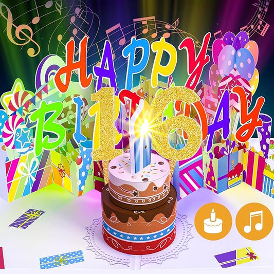 Gumry Sweet 16 Musical 3D Birthday Card, Blowable Musical Birthday PopUp Card with Colorful Light Candle Song, Happy 16th Birthday Gifts Decorations for 16 Years Old Girls Boys Son Daughter