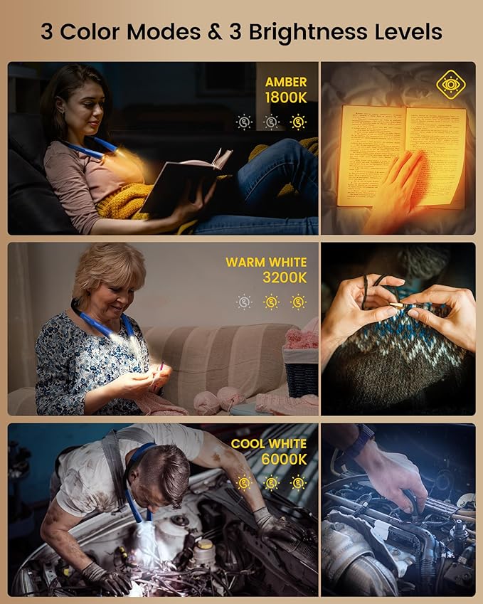 Glocusent Upgraded LED Neck Reading Light, Book Light for Reading in Bed, 30-min Timer, 3 Colors & 3 Brightness Adjustable, Rechargeable & Long Lasting, Perfect for Reading, Knitting