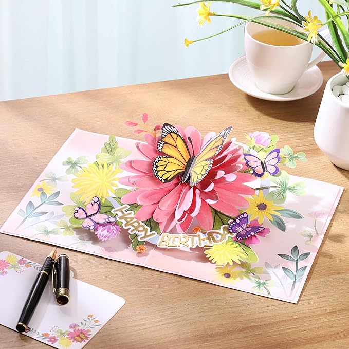Pop Up Birthday Cards For Women&Wife, Beautiful Flowers and Monarch Butterfly, Elegant, Floral 3D Happy Birthday Greeting Cards, Ideal Gift for Mom, Sister, Her, Grandma, Aunt, Daughter, Stepmother